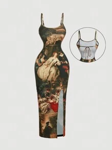 SHEIN MOD 女士复古花卉印花露背连衣裙、女士连衣裙、新年派对连衣裙、化妆舞会连衣裙、节日服装、新年服装、长裙、节日派对女士连衣裙 - 彩色 - 查看 1