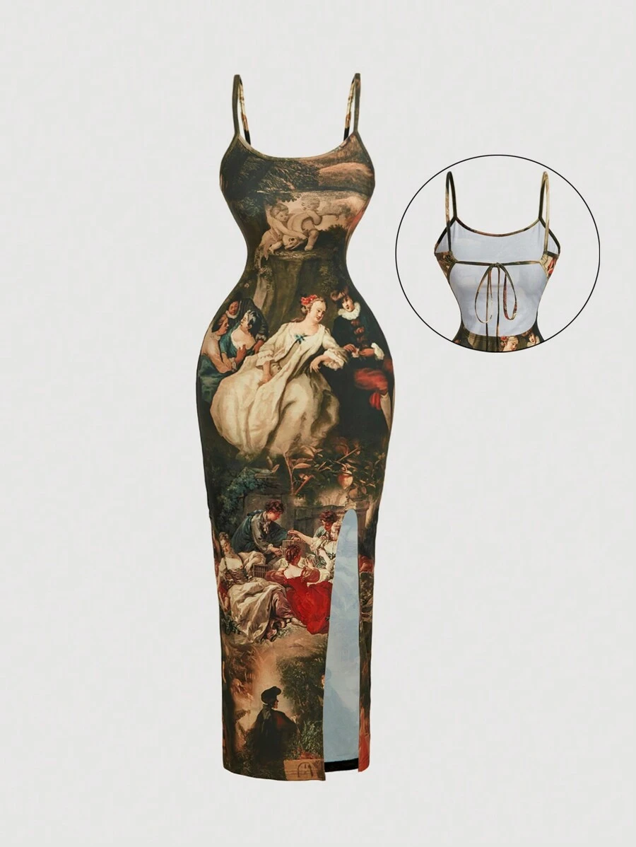 SHEIN MOD 女士复古花卉印花露背连衣裙、女士连衣裙、新年派对连衣裙、化妆舞会连衣裙、节日服装、新年服装、长裙、节日派对女士连衣裙 - 彩色 - 查看 1