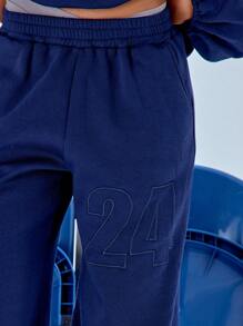 MUSERA 24" geprägte weite Bein Oversized Jogginghose, Urlaub, Sommer, Lässig, Flughafen, 4. Juli, Flughafen, Herbst, Winter, Rückkehr zur Schule - marineblau - Übersicht 4