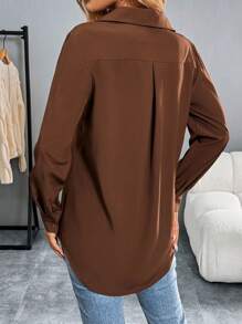 SHEIN LUNE Women's Plain Brown Long Sleeve Casual Shirt, For Everyday Wear In Spring, Summer, Autumn, And Winter