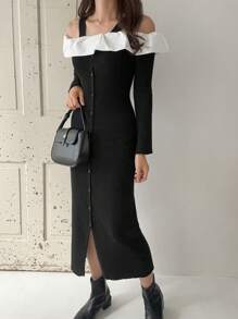 FRIFUL Women Contrast Color Block Button-Front Long Sleeve Casual Sweater Dress,Ruffle - Black - View 6