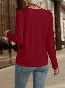 EMERY ROSE Women V-Neck Pleated Casual Long Sleeve T-Shirt, Autumn Fall Cloth For Women - Red - View 2