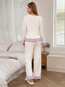 Softscene Set di pigiami da donna con fiocco decorativo a contrasto di colore, in tessuto jacquard, adatto per la stagione festiva, abiti autunnali e invernali, dettagli confortevoli ed eleganti - Rosa antico - Visualizzare 2