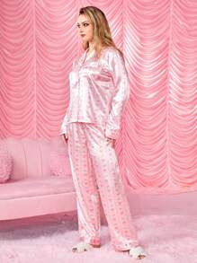 ROMWE Kawaii 浪漫情人节心形与蝴蝶结缎面印花翻领长袖睡衣套装 - 粉色 - 查看 5