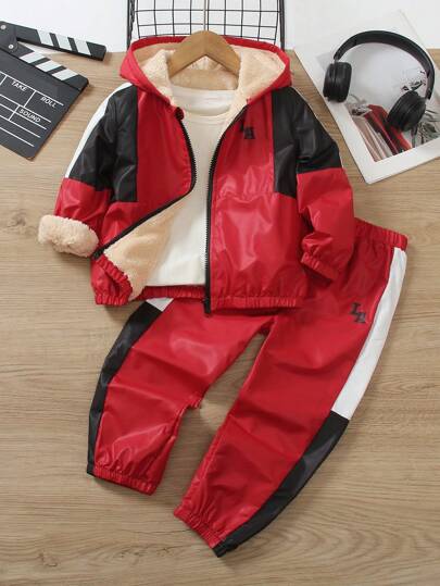 SHEIN 2pcs/Set Casual Sports Fleece Hooded Jacket And Pants Set, Suitable For Daily, School, Sports And Outdoor Activities In Autumn/Winter