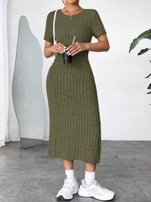 SHEIN EZwear 橄榄绿色针织女式紧身连衣裙 - 軍綠色 - 查看 3