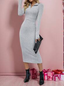 SHEIN LUNE Vestido de pana de invierno ceñido de cuello alto y media cremallera, de forro polar gris para mujer - Gris - Ver 1