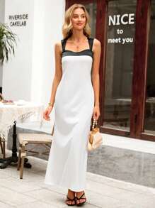 SHEIN VCAY Contrast Color Block Sleeveless Dress, Minimalist & Casual - White - View 4