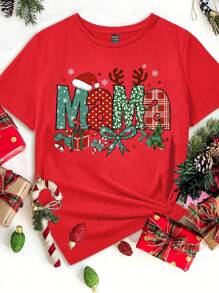 SHEIN LUNE MAMA 圣诞节，家庭装休闲宽松圆领短袖女式圣诞图案 T 恤，家庭圣诞服装 - 紅色 - 查看 4