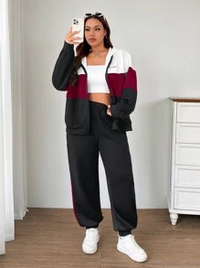 SHEIN EZwear Bộ 2 món/Bộ đồ thể thao thường ngày in khẩu hiệu màu tương phản cỡ lớn, áo khoác nỉ + quần dài, bộ đồ thể thao, mùa thu/đông - Nhiều màu - Xem 4