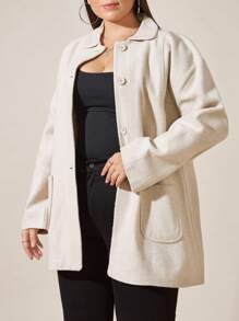 RueChic Cotton Knitted PLUS Overcoat Drop Shoulder Double Pocket Coat Easy To Style Perfect For Autumn And Winter - Beige - View 4