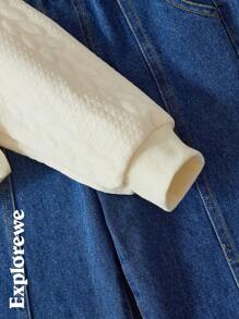 SHEIN 2 Pieces Urban Casual Style Tween Girls Set: Cozy Texture Fabric Hooded Long Sleeve Sweatshirt And Fringed Hem Denim Long Pants Outfit, Suitable For City Outdoors, Everyday Wear, Parties And More In Autumn/Winter - Multicolor - View 6