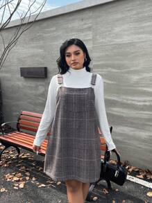 SHEIN EZwear 大码女式冬季连衣裙、休闲连衣裙、棕色千鸟格编织紧身毛衣连衣裙