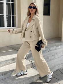 Serisse 女士纯色翻领长袖双排扣夹克和裤子两件套休闲套装，秋季 - 杏色 - 查看 1