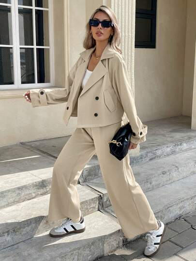 Serisse Completo casual da donna in 2 pezzi, composto da giacca doppiopetto a collo a bavero e pantaloni, di colore unito, a maniche lunghe, adatto per l'autunno