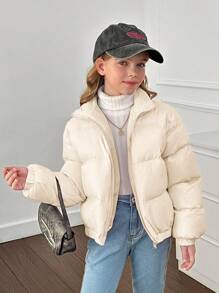 SHEIN Tween 女童纯色立领厚款宽松休闲短款棉服外套 - 米色 - 查看 8