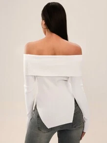 SHEIN SXY Off-Shoulder Solid Color Casual Versatile Asymmetrical Hem Sweater - White - View 3