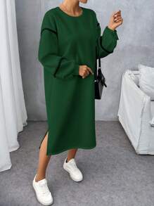 SHEIN LUNE Women's Autumn/Winter Floral Patched Trim Round Neck Loose Straight Casual Sweatshirt Dress