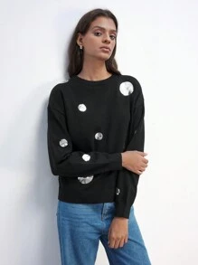 Maija Women's Sequin Embellished Fuzzy Black Knit Sweater, Shiny Glitter Decor, Casual Urban Fashion, Essential For Holidays, Warm & Soft, Round Neck Long Sleeve Pullover