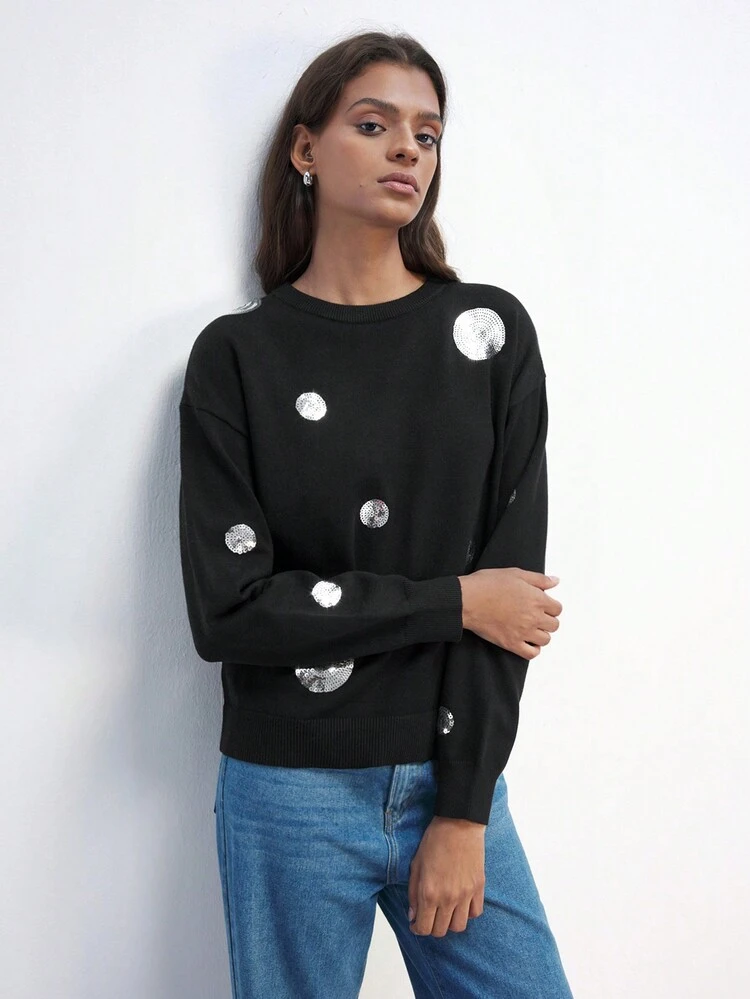 SHEIN Maija Maglione lavorato a maglia nero con decorazioni in paillettes e peluche, con dettagli glitterati, moda casual urbana, essenziale per le vacanze, caldo e morbido, girocollo, maniche lunghe, pullover