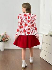 SHEIN Tween Girls Elegant Red Heart Print Gigot Sleeve T-Shirt And Metal Button Decor Ruffle Hem A-Line Skirt 2 Pieces Set