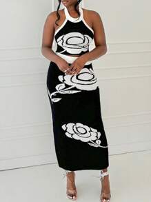 BamGleam Bộ áo len hai mảnh cho nữ, Áo vest hở vai họa tiết hoa đen trắng dệt kim giản dị cho nữ, Chân váy họa tiết hoa đen trắng dệt kim, Đầm ôm gợi cảm dự tiệc, Phong cách thu đông, Quần áo cho nữ mọi mùa - Đen và trắng - Xem 1