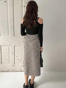 FRIFUL Đầm dài tay hở vai màu chắp vá thường ngày cho nữ - màu đen - Xem 5