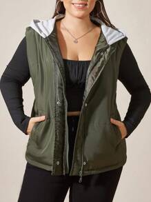 RueChic Casual Sleeveless Zip Up Puffer Vest Jacket With Hoodie - Green - View 1