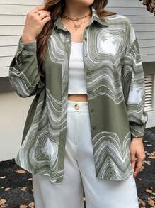 SHEIN Essnce Plus Size Linear Pattern Front Button Casual Long Sleeve Shirt - Mint Green - View 5