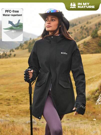 In My Nature Women's Letter Print Hooded Waterproof Outdoor Rain Jacket With Pockets, Long Sleeve