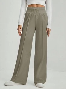 SHEIN Tall Pantalón de chándal de pierna ancha con cordón a la cintura - Caqui - Ver 6
