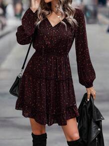 EMERY ROSE 滿版印花繫帶領荷葉邊連衣裙 - 酒紅色 - 查看 3