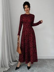 Chiquease Váy Maxi Họa Tiết Da Báo Thời Trang Thu Đông Cho Nữ Quần Áo Năm Mới - Đỏ - Xem 5