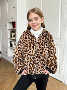 SHEIN Serisse Kids 青少年女孩温暖休闲连帽衫宽松泰迪羊毛豹纹双面可翻转动物印花蓬松冬季夹克/外套，秋冬保暖，日常穿着