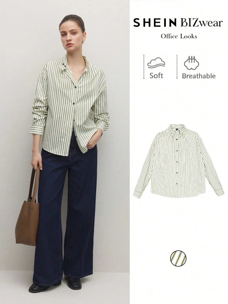 BizChic 女士绿色条纹长袖衬衫，优雅办公室正装衬衫，春夏季，感恩节/新年/
