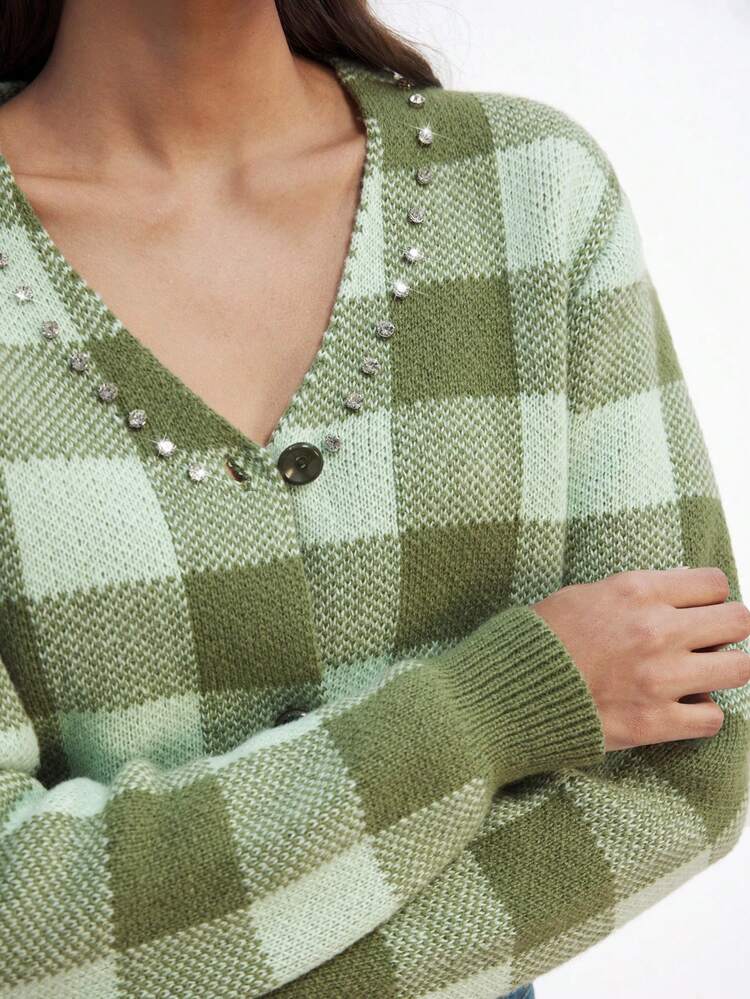 SHEIN Maija Women's Plaid V-Neck Long Sleeve Single Breasted Casual Cardigan, Autumn/Winter