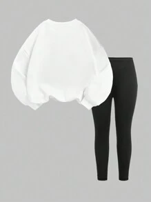 SHEIN Set de 2 piezas de sudadera con estampado de letras y pantalones con gráfico de dibujos animados para niñas, estilo minimalista casual, apto para otoño/invierno