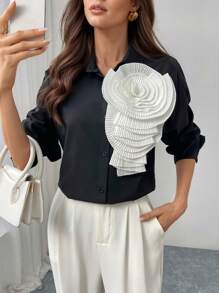 Firerie Women Elegant Commute Black & White Contrast Collar Long Sleeve Blouse