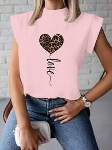 INAWLY 女士心形豹纹印花领短袖休闲 T 恤图案猎豹印花 T 恤女式上衣