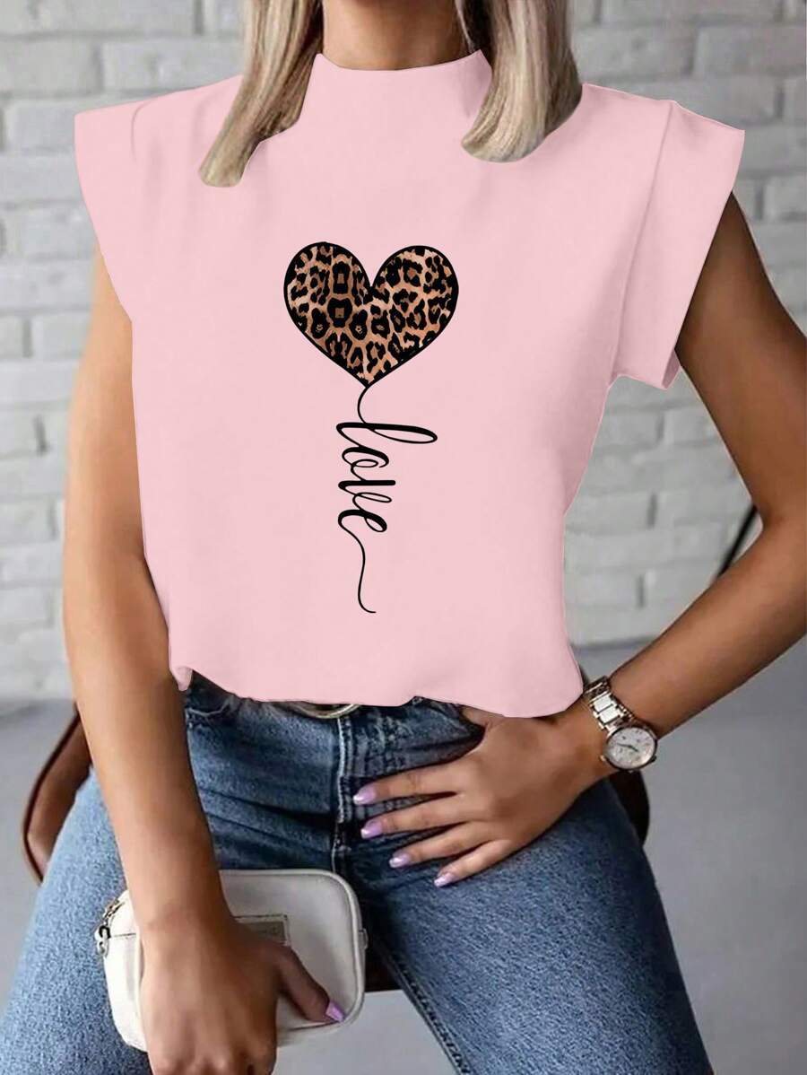 INAWLY 女士心形豹纹印花领短袖休闲 T 恤图案猎豹印花 T 恤女式上衣