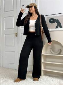 SHEIN EZwear 大码黑色罗纹针织毛衣套装，秋冬 - 黑色 - 查看 5