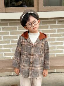 Young Boy Plaid Splice Long Sleeve Colorblock Hooded Casual Loose Jacket, Winter