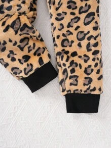 年轻女孩豹纹法兰绒长袖连帽连体衣保暖睡衣家居服 - 彩色 - 查看 6