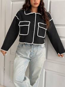 SHEIN EZwear 大码复古拼色黑色翻领短夹克，秋冬 - 黑色 - 查看 5