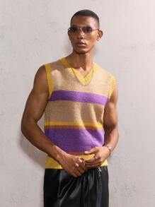 AKNOTIC Party 男士卡其色 & 紫色 & 黄色拼色条纹彩色 V 领粗针织无袖短款毛衣，适合休闲穿着和派对、度假、老钱男士、男友礼物 - 卡其色 - 查看 5