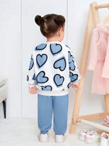 SHEIN Leap Crew Baby Girl Cute Heart Pattern Sweatshirt With Elastic Waist Solid Color Long Pants Set, Autumn/Winter - Blue and White - View 2
