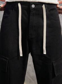 PAVTROS Pantalones de mezclilla de carga holgados con bolsillo con solapa y cordón ajustable para hombres, de algodón - Negro - Ver 4