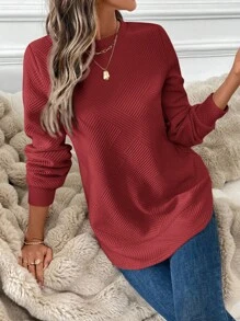 Tenues de femmes pour les fêtes du Nouvel An, vêtements de femmes rouges de Noël. Sweat-shirt-shirt basique en tricot gaufré à col rond asymétrique, confortable et décontracté pour femmes. Hauts à manches longues pour la remise des diplômes, la rentrée scolaire, la remise des diplômes, les tenues d'enseignante pour femmes, la rentrée scolaire en automne/hiver