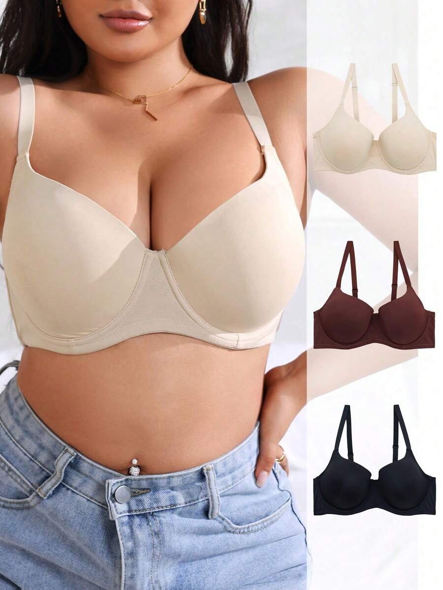 3 Stücke/Set Damen Große Größen Einfarbiger komfortabler kabelloser Sport Top