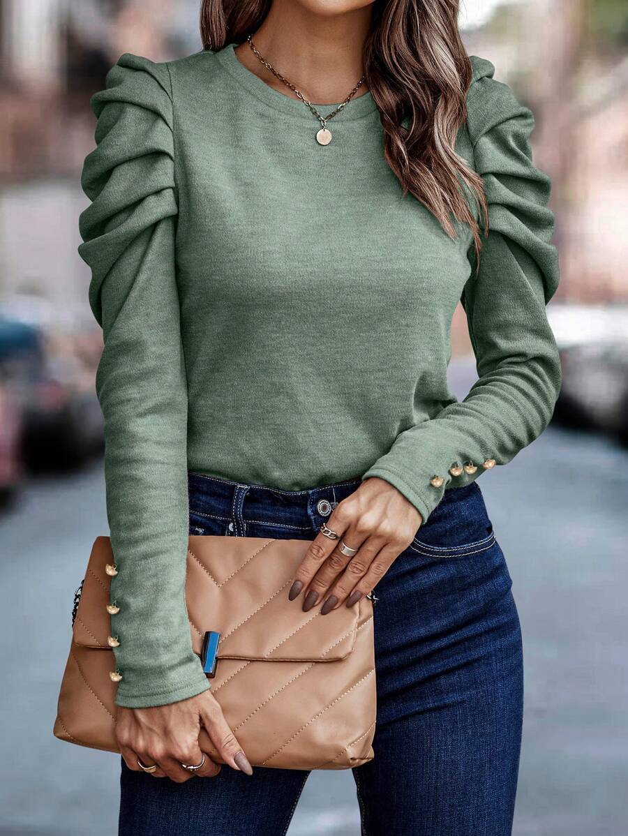 SHEIN Clasi Casual Solid Color Puff Sleeve T-Shirt, Versatile For Autumn - Mint Green - View 1
